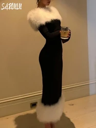 Elegant Boat Neck Evening Dress Feathers Sheath Party Customized Vintage Black Ankle-length Bridal Dresses Vestidos De Novia