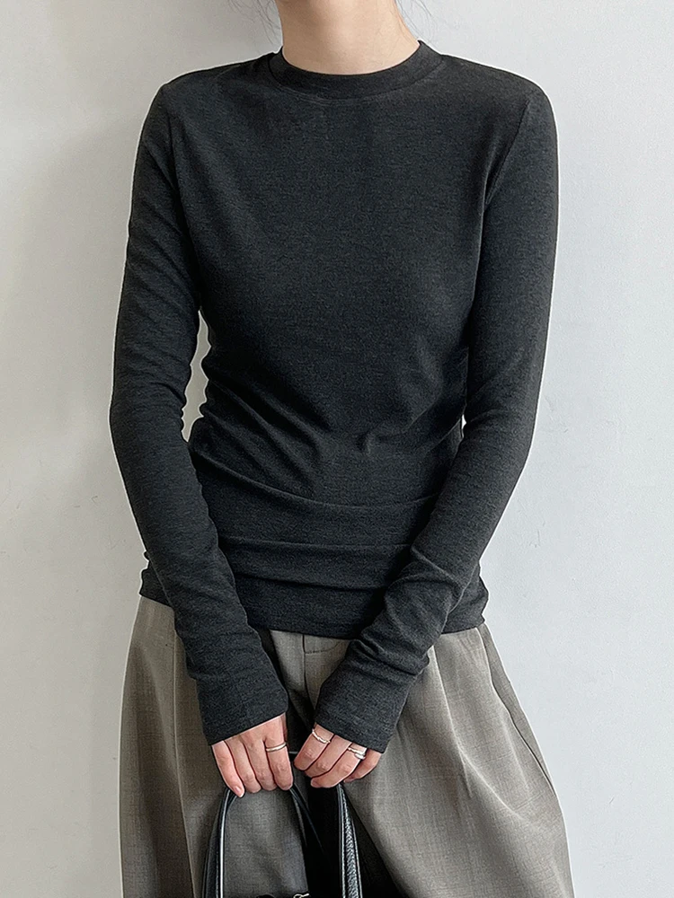 Women Apricot Brief Plain Color Slim Elegant T-shirt New Turtleneck Long Sleeve Fashion Tide Spring Autumn