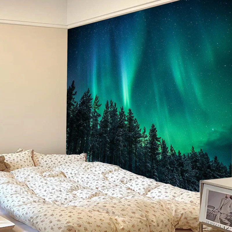 VIKAMA Aurora Borealis Tapestry Green Northern Lights Over Pine Forest Starry Night Sky Nature Wall Hanging Living Room Backdrop