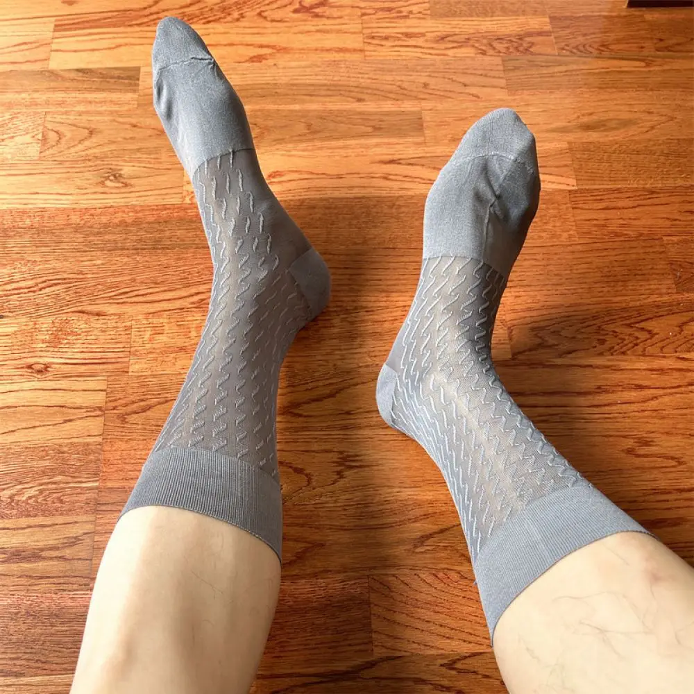 Fashionable Mens Business Dress Socks Nylon Wave Texture Breathable Thin Crew Length Hosiery For Office Suits And Daily
