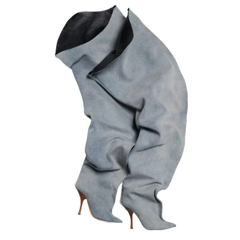 Pantalones y botas plisadas hasta la rodilla puntiagudas de tacón alto europeo y americano de alta calidad para espectáculos de moda para mujer y zapatos de banquete