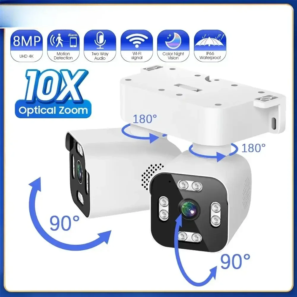 Überwachungskamera für den Außenbereich, wasserdicht, Dual-Objektiv, HD, 8 MP, 4K, 10-facher Zoom,