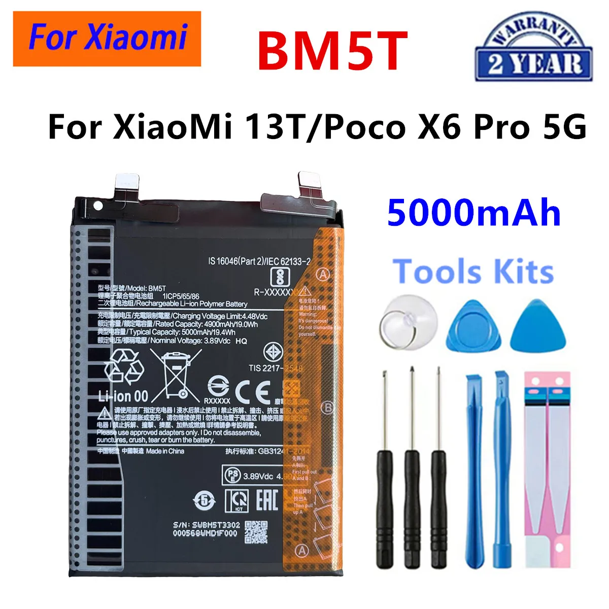 Brand New BM5T BN5V BP59 BP5J BP5H For Xiaomi 13T Mi 15T Pro 5G Xiaomi Poco X6  X7 Pro 5G Phone Replacement Batteries+Tools