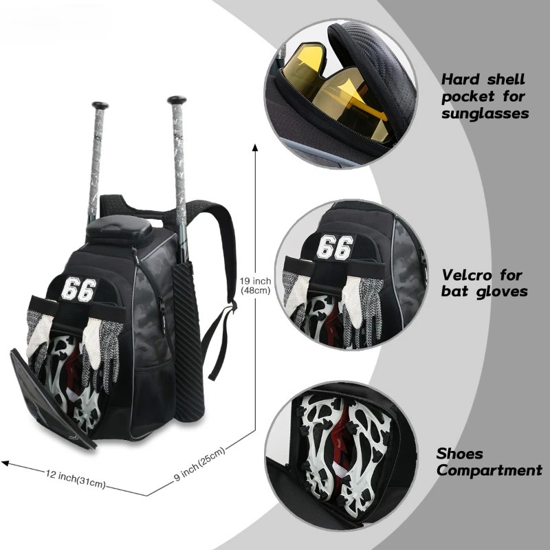Black Camouflage Custom Logo Large Capacity Softball Baseball Bat Backpack with 2 Bat Covers for Team Players