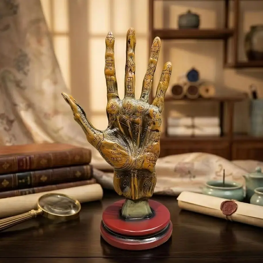 Mystical Palmistry Hand Sculpture - Antique Style Spiritual Occult Decor, Feng Shui Desk Ornament, Home Office Mystery Art