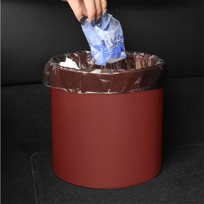 

Car Trash Can For Vehicle Leather Round Auto Mini Garbage Bin With Cover Seat Back Hanging Storage Box Holder Rubbish Organizers
