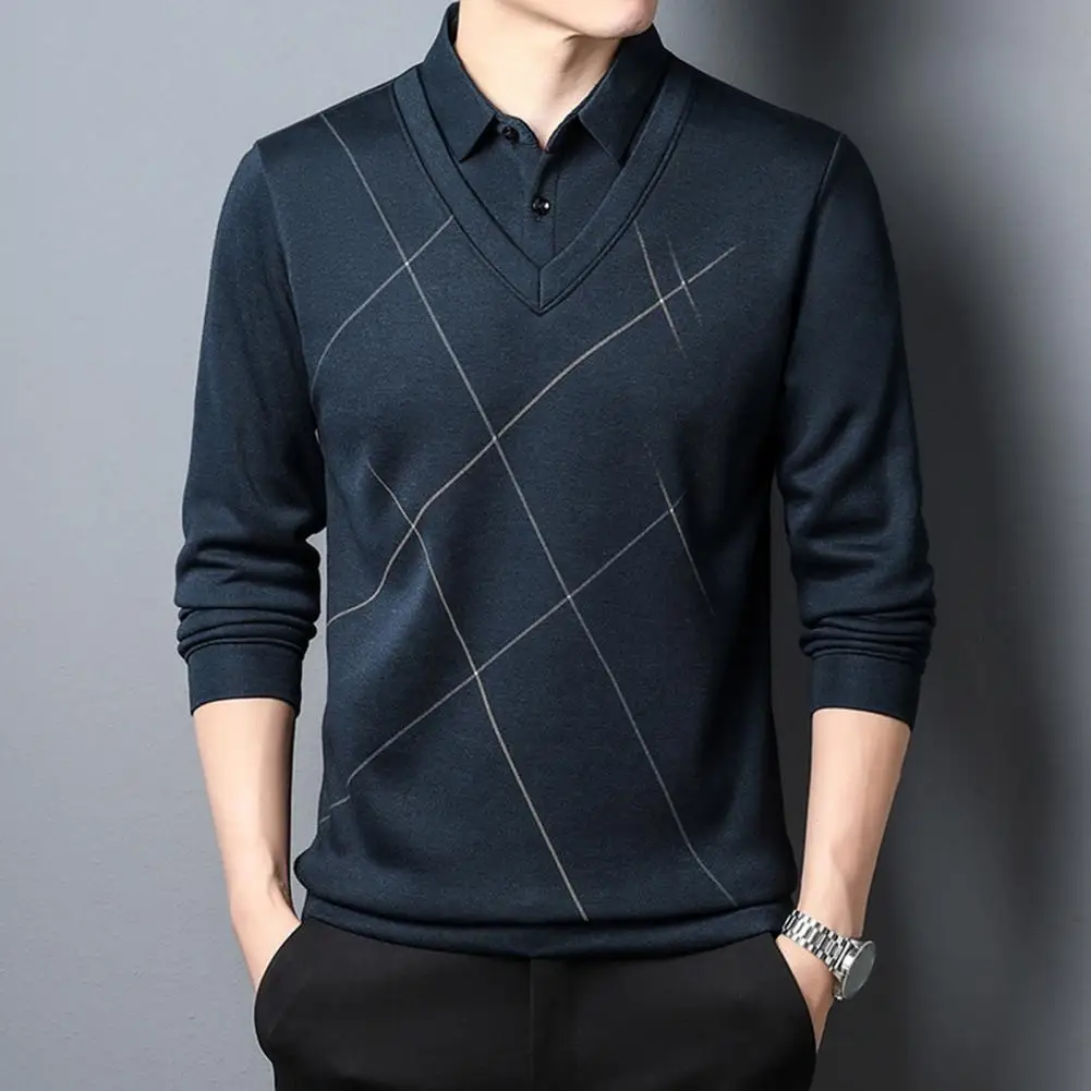 Men Long-sleeved Shirt Business Style Men's Pullover with Fake Two-piece Design Turn-down Collar Elastic Cuff Printed Solid