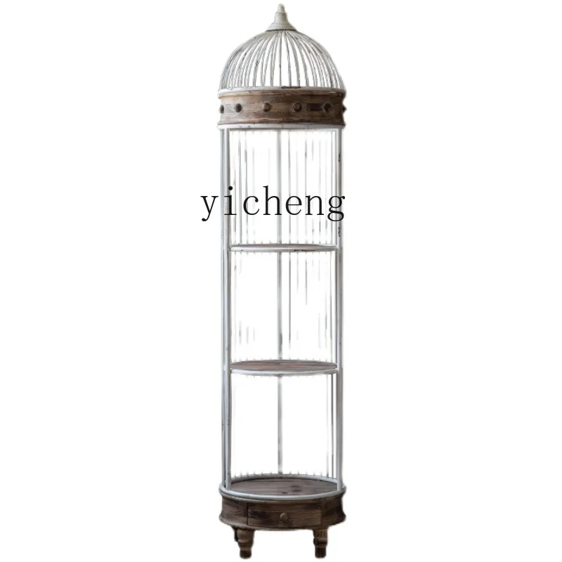 TQH retro wrought iron floor bird cage shelf B & B coffee shop living room decoration square storage bookshelf