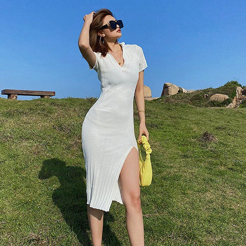 YuooMuoo Chic Mode Sexy Wrap Hüften Split Frauen Kleid Sommer drehen-unten Kragen Dünne Elastische Midi Hemd Kleid Streetwear outfits