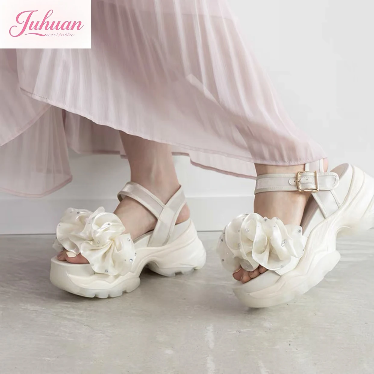 

Женские сандалии Japanese Fairy Mesh Pleated Flash Diamond на толстой подошве для увеличения высоты сандалий с открытым носком Soft Girl