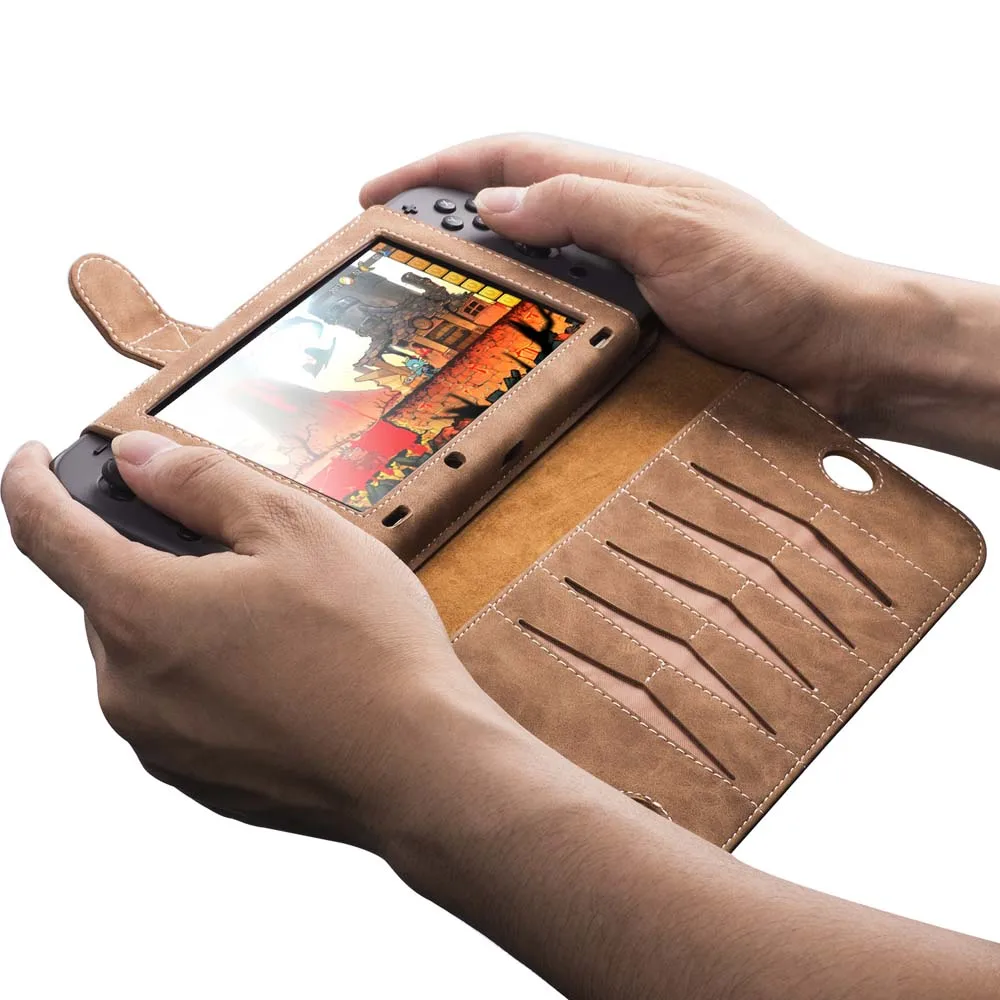 Multi-Card Slot PU Leather Cases for Nintendo Switch Oled Cover Stand Flip Wallet Pouch Protective Handbag wtih Wristband Rope