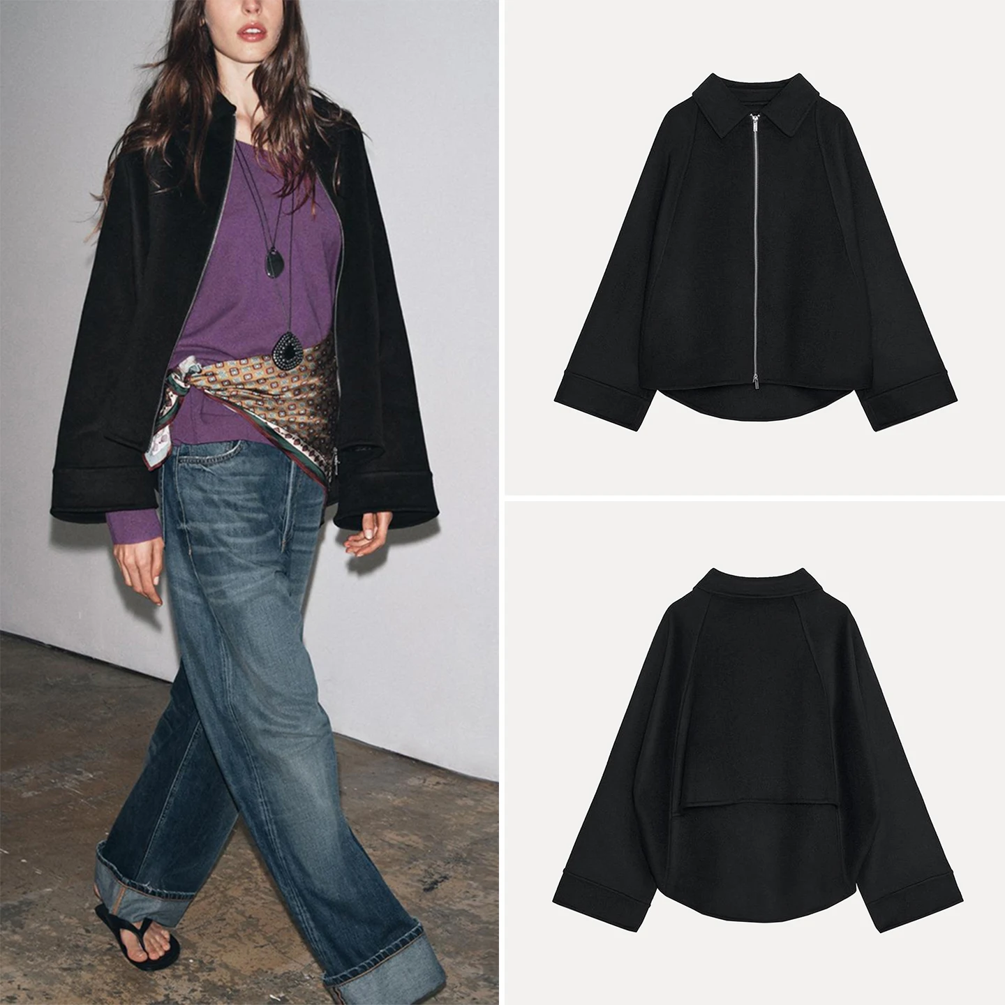 

Faionable Cool Смешанная молния Long Sve Верхняя одежда для женщин Sle Осень Новое поступление Z Повседневная ткань-стойка Женская...