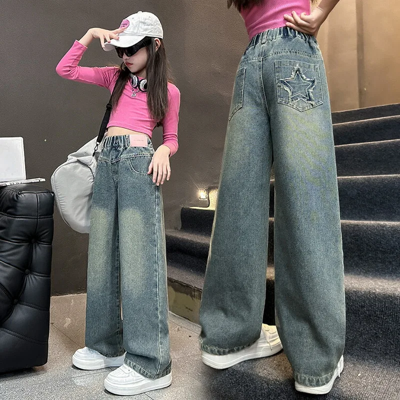 

Новинка 2023 года, весенние джинсы для девочек-подростков, широкие длинные брюки с пятиконечной звездой и вышивкой, мешковатые джинсовые брюки для детей от 4 до 16 лет
