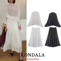 KONDALA Vintage Polka Dot Women Sets Chiffon Bow Tie Loose Blouses Loose Long Skirts Fashion 2026 Spring Summer Holiday Suits