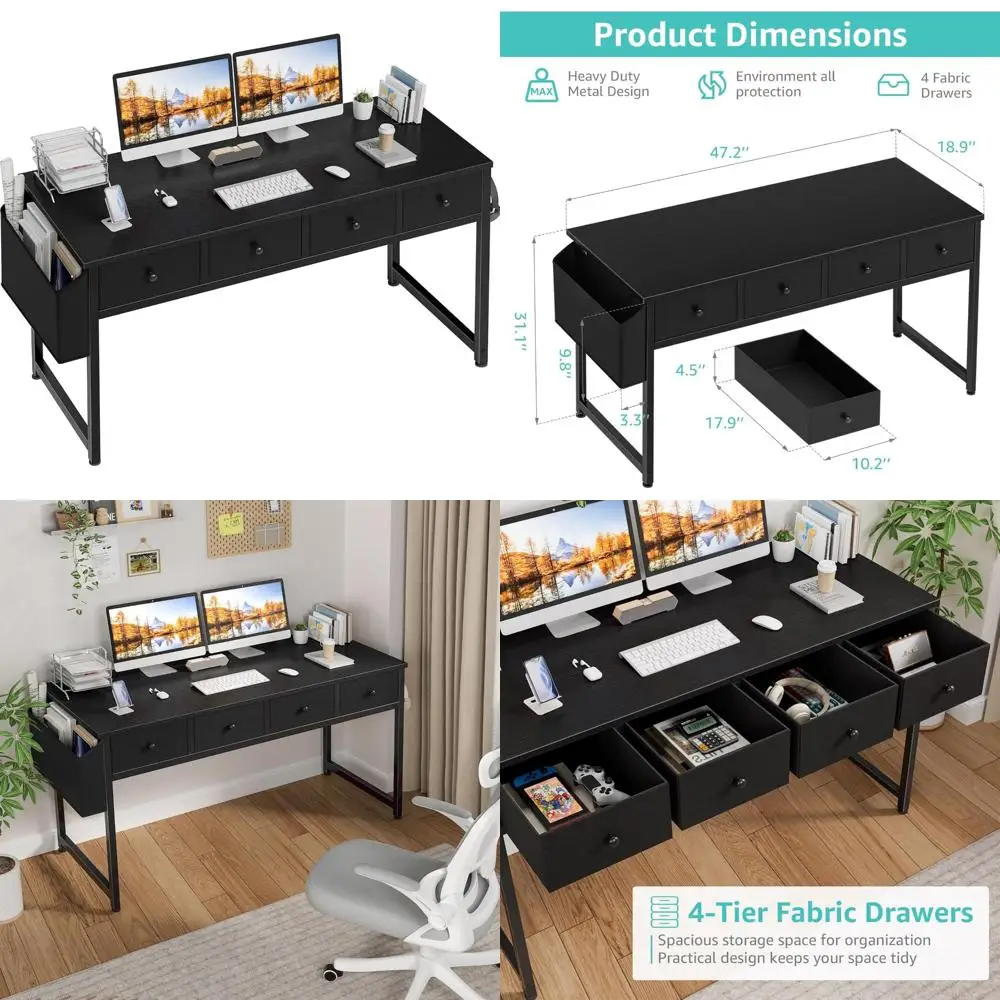 

Компьютерный стол с тканевыми ящиками для домашнего офиса и спальни, 47-дюймовый туалетный столик для хранения вещей с боковой сумкой для эффективных работ