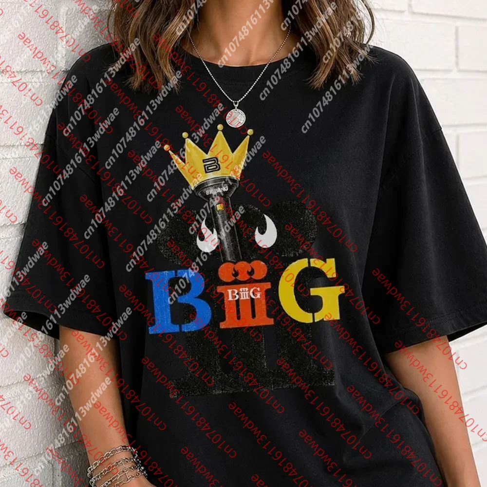 BIGBANG Crown Lightstick Graphic Oversized T Shirt Unisex Cream White Short Sleeve  Tee K-pop Fans Women Streetwear Tour Merch