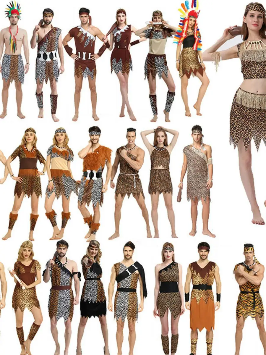 

Костюм дикого человека для Хэллоуина для взрослых, мужской и женский, в стиле африканских и индейских племен, с леопардовым принтом, традиционный этнический комплект