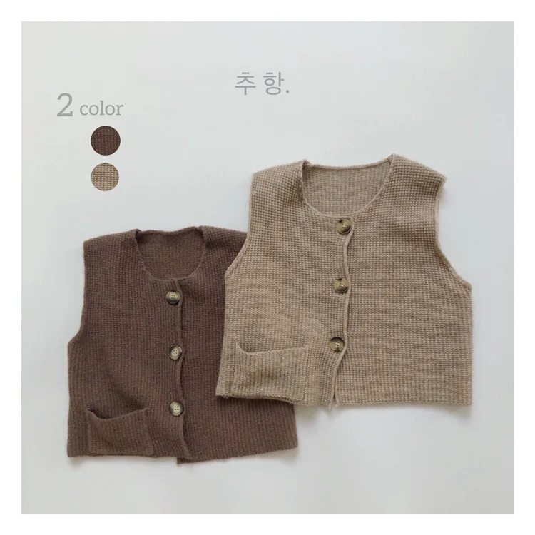 Childrens Boys Knitted Cotton Linen Sweater Spring Autumn Retro Pocket Toddler Boys Vest Button Solid Kids Boys Waistcoat