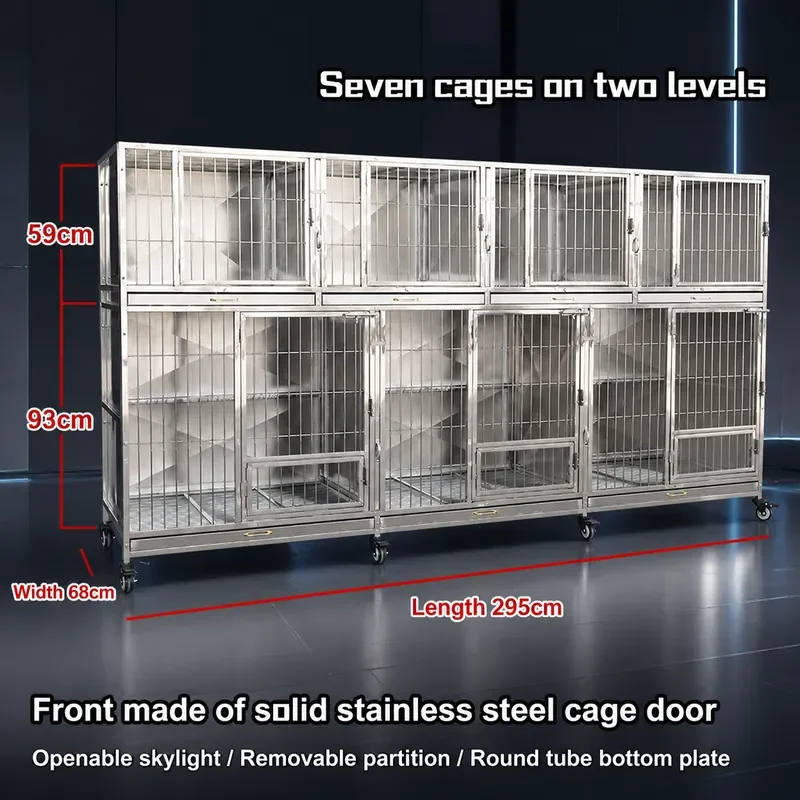 304 Solid Stainless Steel 2 Layer 7 Cage Dog Kennel Large Pet Foster Cage Heavy Duty Metal
