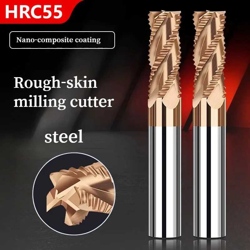 CNC Tungsten Steel Rough Skin Milling Cutter HRC55 4-Edge End Milling Cutter for Steel, Extended Coated Corrugated Rough Milling
