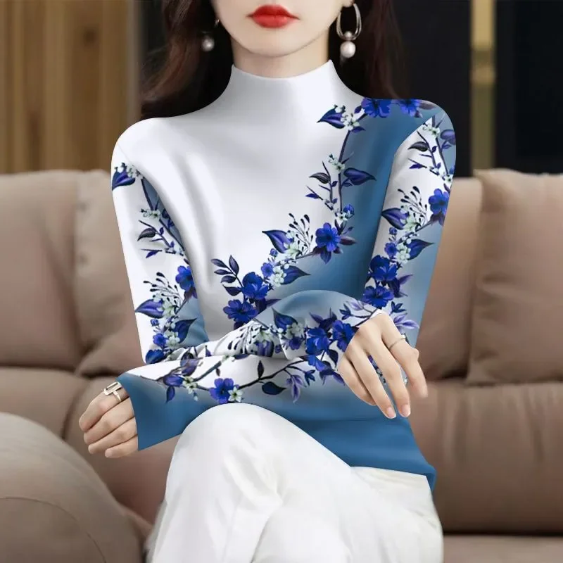 New Spring Autumn Fashion Half-high Collar Long-sleeved T-shirt For Women New Beginning Of Autumn To Cover Belly And Style
