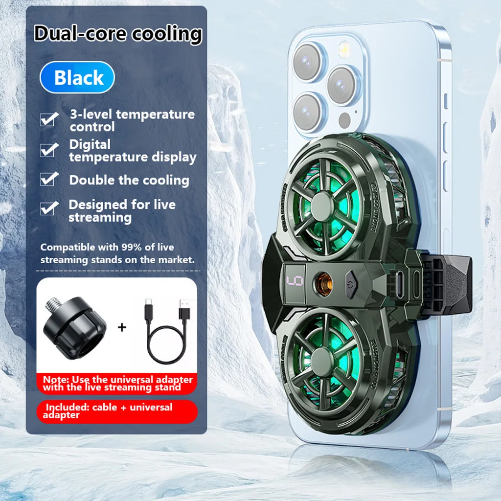 Dual‑Core Semiconductor Phone Cooler 3‑Level Temp Control Digital Display Silent Cooling Fan For Game Live Stream Vlog Shooting