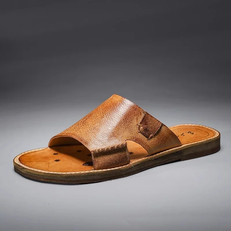 Handmade Retro Cowhide Leather Casual Premium Slippers Men Summer Outside Wear Comfortable Slippers Sandals Zapatos Slides