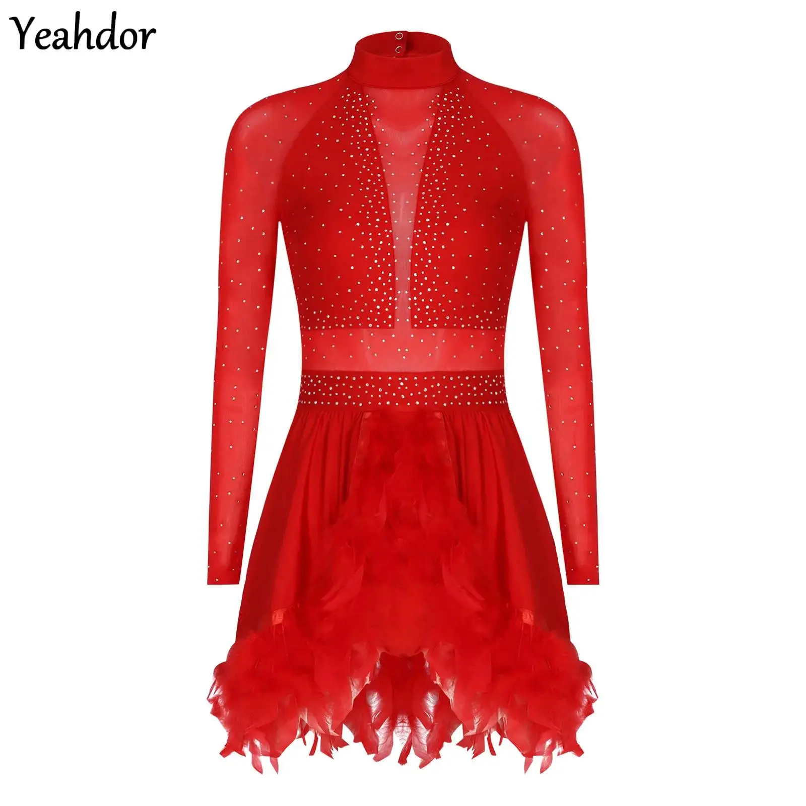 

Women Feather Dance Leotard Dress Mock Neck Long Sheer Mesh Back Cut Rhinestone Gymnastic Ballet Lyrical Figure Skating Costume