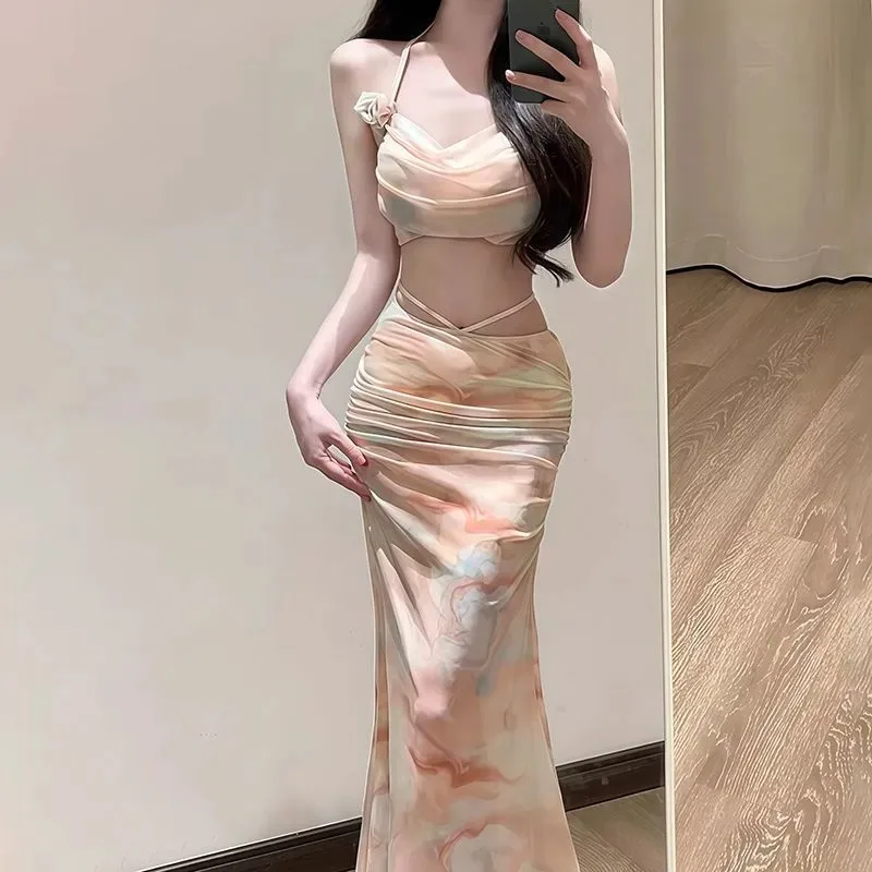 

Women's Tie Dye 3 Piece Bikini Set Cut Out Halter Crop Top with High Waist Maxi Skirt Swimwear Cover