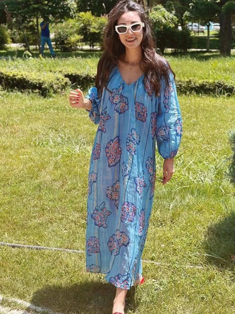 Printed V Neck Women Dresses Loose Half Sleeve Lady Dress 2024 Beach Holiday Fashion Elegant Summer Straight Female Party Robe