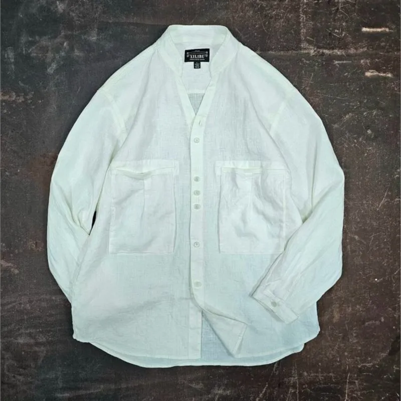 High Quality White Linen Long-Sleeved Shirt Japanese-Style Retro Spring and Summer Men's Clothing