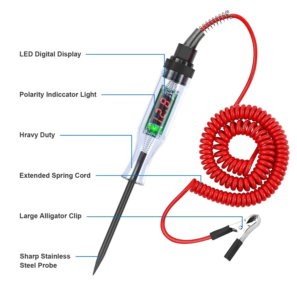 Test Light Automotive Circuit Tester 3-48V DC Digital LCD Display Prolong Spring Cable for Sedan,SUV,RV,Truck,Lawn Mower