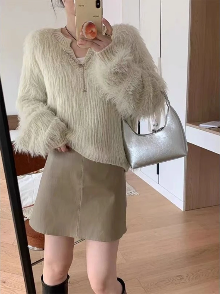 여성용 브이넥 니트 스웨터 긴 소매 오리지널 패션 2025 일본 스타일 의류 퍼플 여성 풀오버