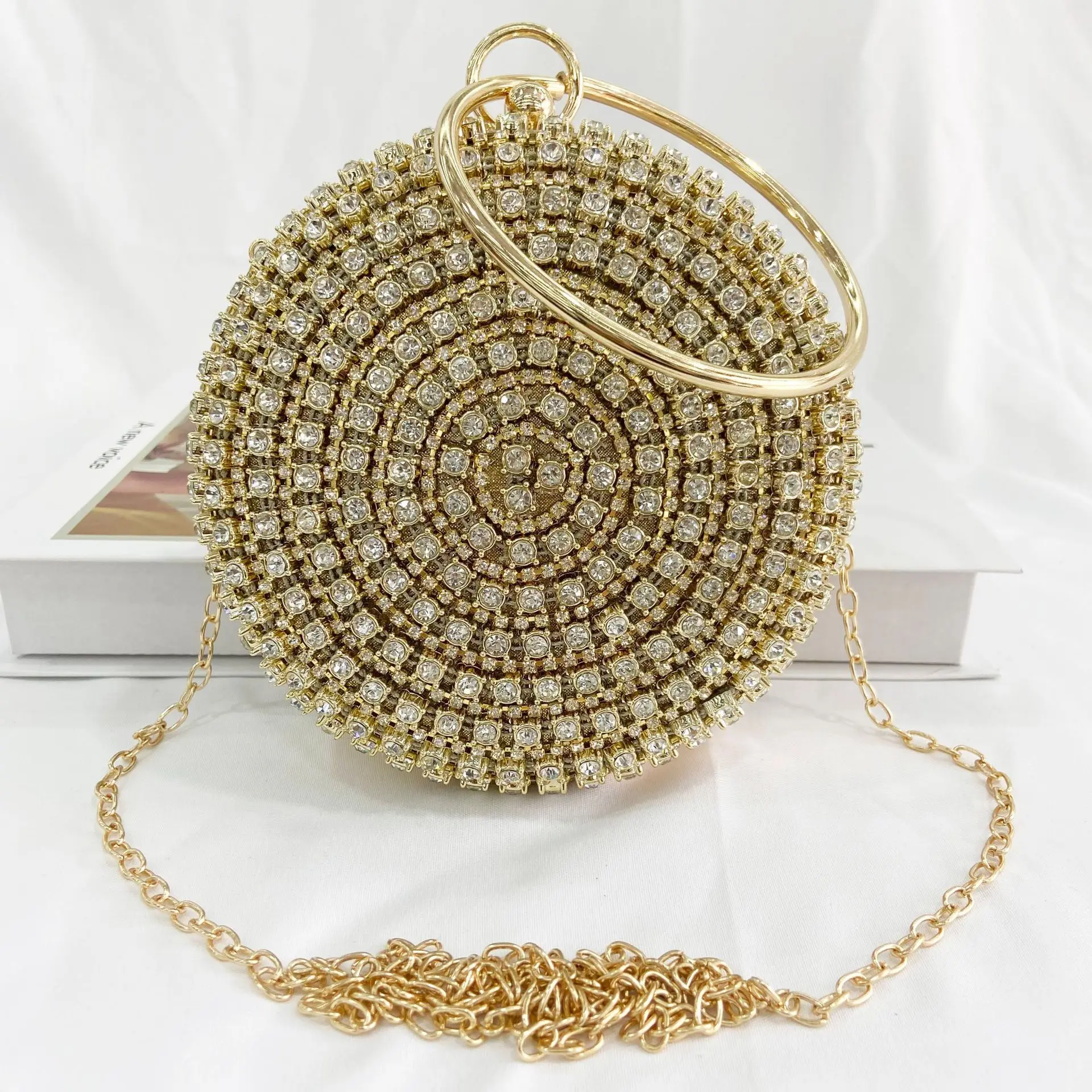 

Rhinestones Women Evening Bags Ball Shaped Diamonds Party Day Clutch Shoulder Chain Lady Circular Purse