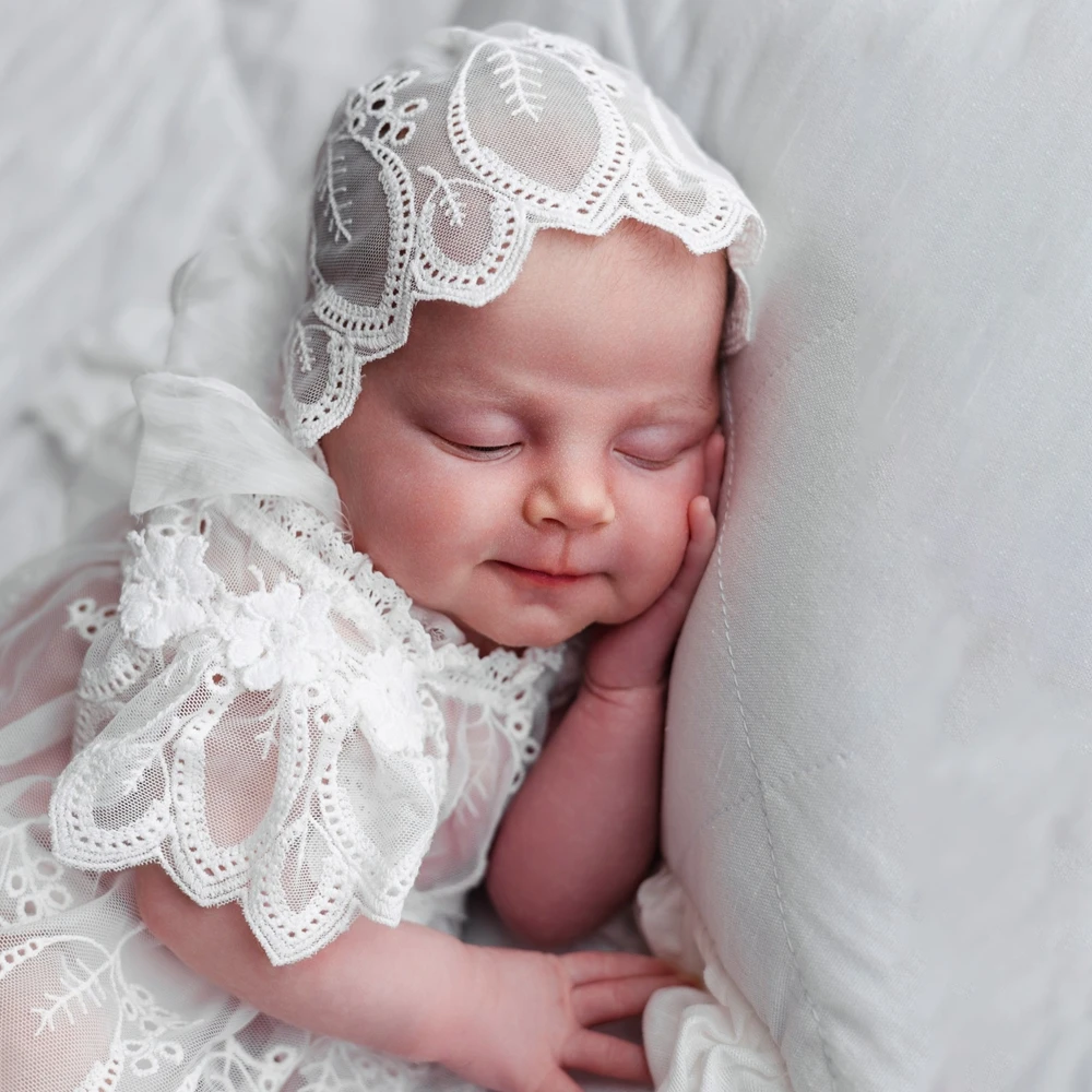 White Lace Bonnet Dress Newborn Photography Props Baby Girl Ruffle Shoulder Tutu Romper Infant Photoshoot Clothes Photo Props