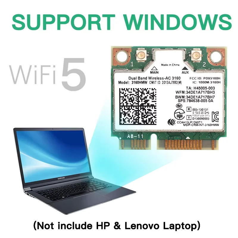 Fast AC3160 Dual Band 2.4G 5GHz Half Mini PCIe Wireless Laptop Card 802.11ac WLAN Bluetooth 4.0 Network Adapter Upgrade PC Win10