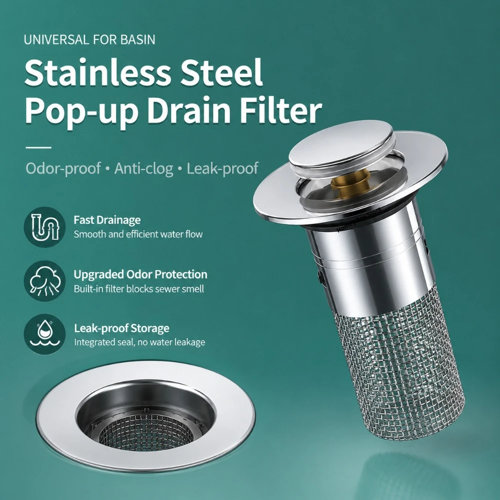 

Stainless Steel Odor Resistant Basin Drain Core Press Leak Proof Plug Practical Washbasin Sink Drain Pipe Parts