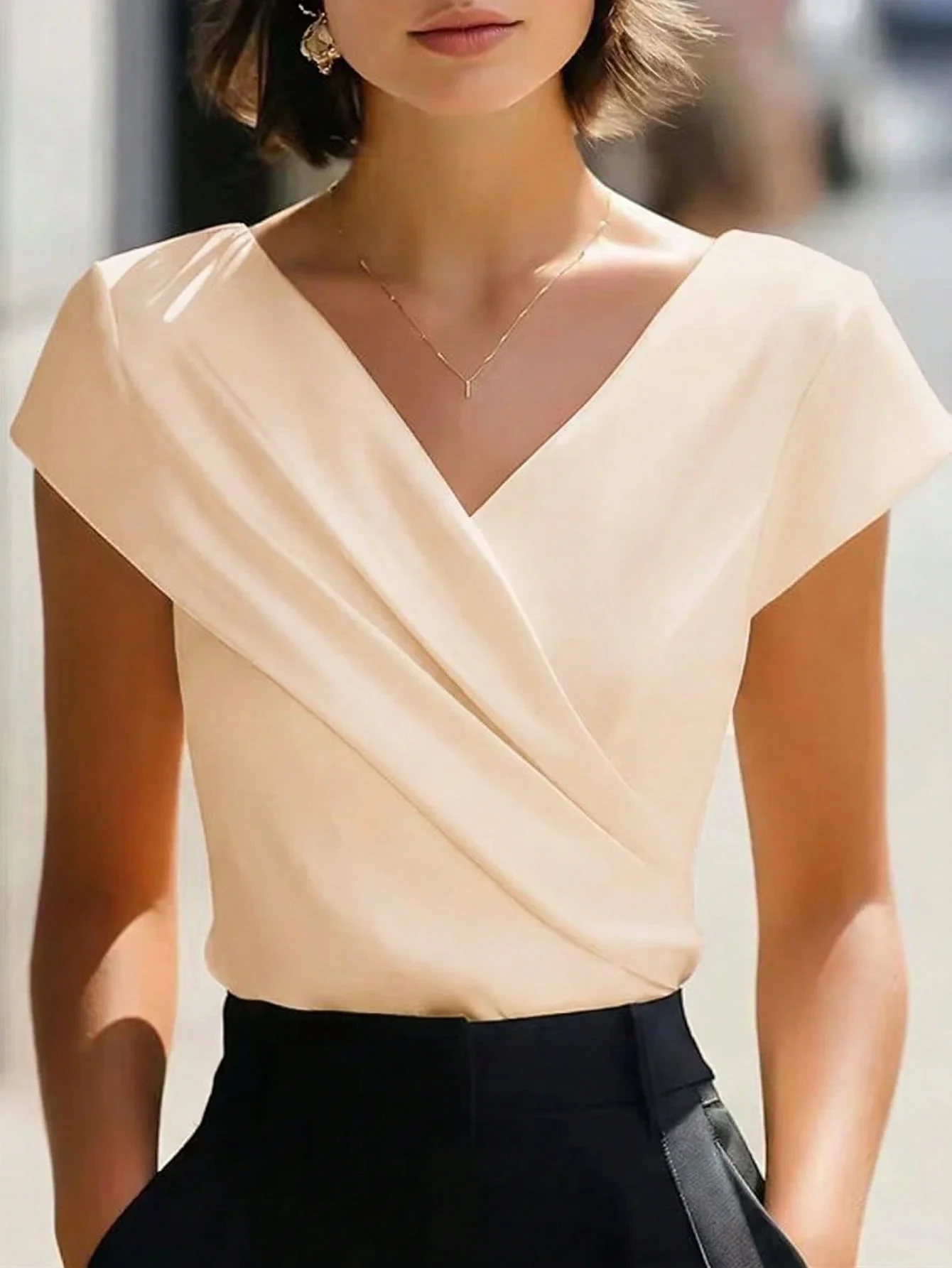 

Elegant V-Neck Criss-Cross Solid Color Women T-Shirt