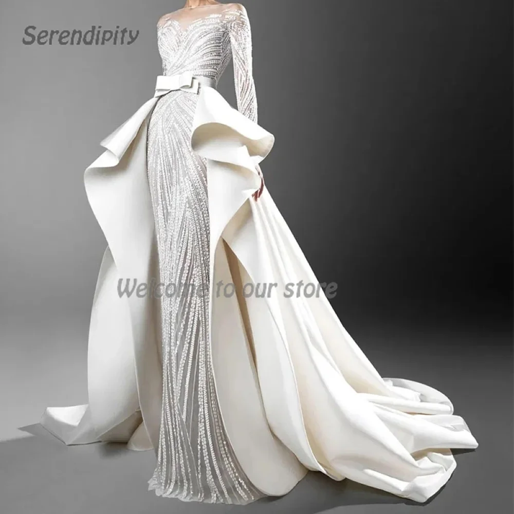 Serendipity Trumpet Elegant Floor-Length O-Neck Saudi Arabia Evening Dress Shiny Lace Sequined Long Train Prom Gown For  Women