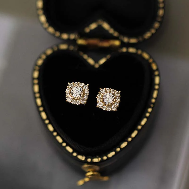 

925 Sterling Silver Plated 14k Gold Korean Shiny Geometric Zircon Stud Earrings For Women Fashionable Party Jewelry