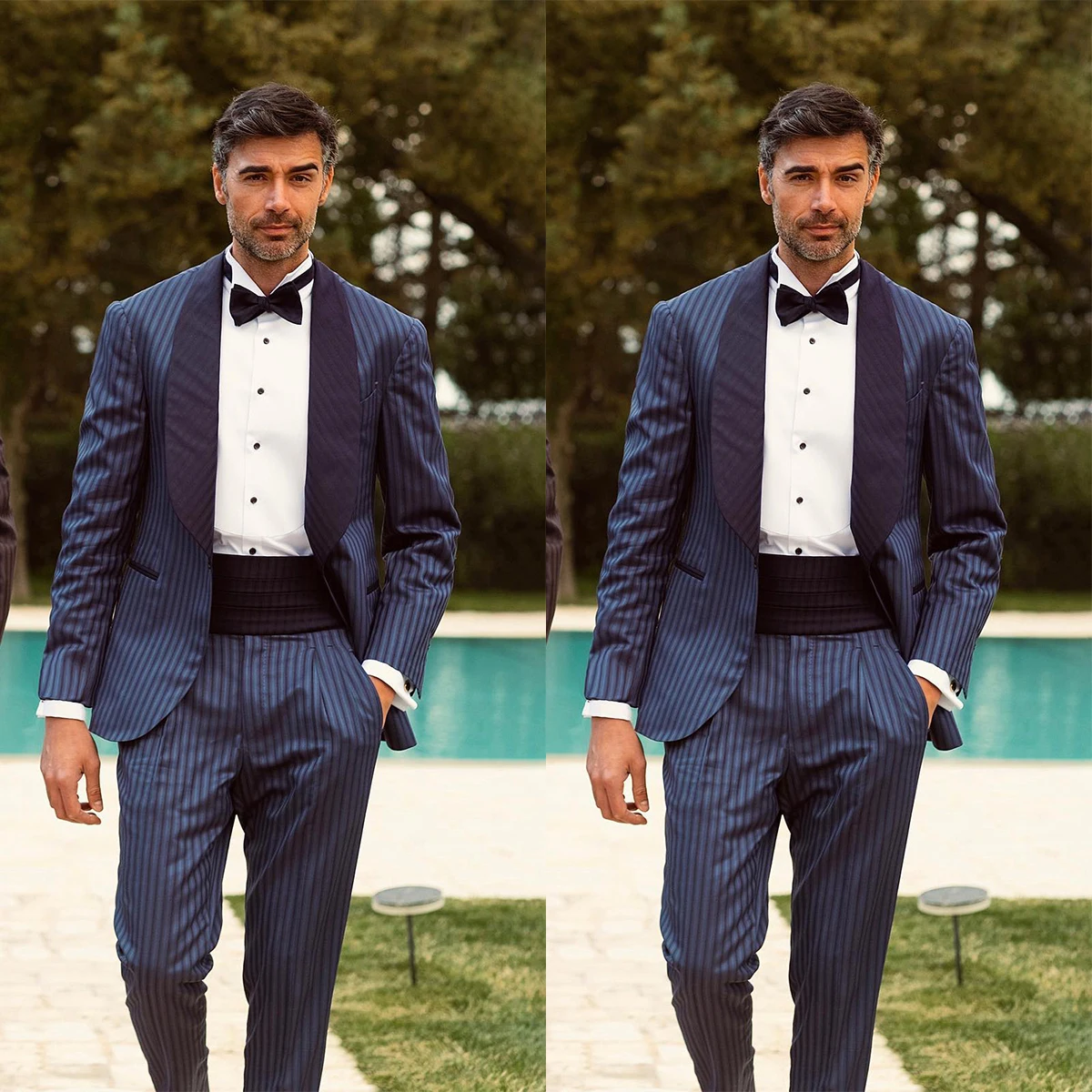 Men's Suit 2 Pieces Blazer Pants One Button Wide Satin Lapel Pinstripes Formal Business Slim Formal Wedding Groom Costume Homme