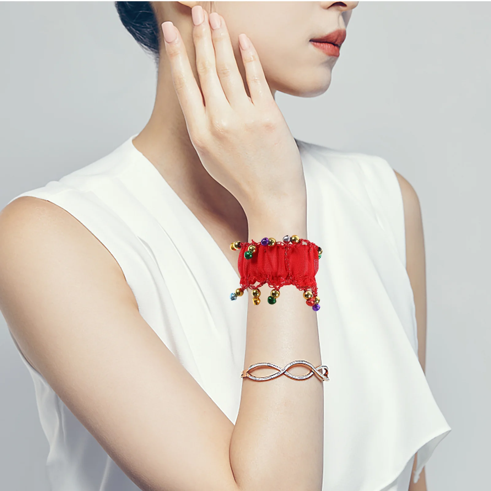 1Pair Belly Dance Wrist Cuff with Bell Delicate Shining Bracelet for Dancing Ethnic Style Handcuffs Performance Party Wear