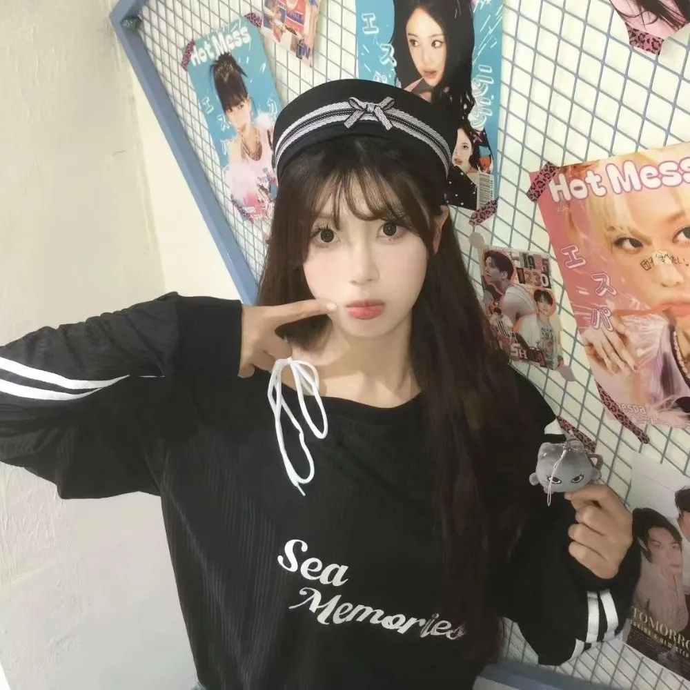 Y2k Cute White Navy Marine Captain Cap Flip Brim Dome Bow Sailor Hat Navy Hat Spice Girl