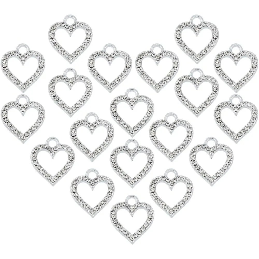 60Pcs Rhinestone Heart Charm Gold Silver Love Charm Alloy Shiny Love Dangle Pendants Charms Hollow Heart Charms for DIY
