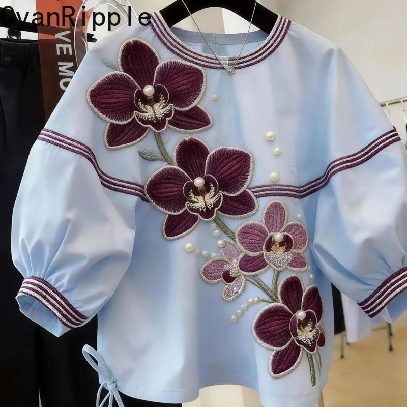 New Spring Summer Casual Women Shirts Luxury Flowers Embroidery Beads Round Neck Pullover Top Elegant Lantern Sleeve T-shirt