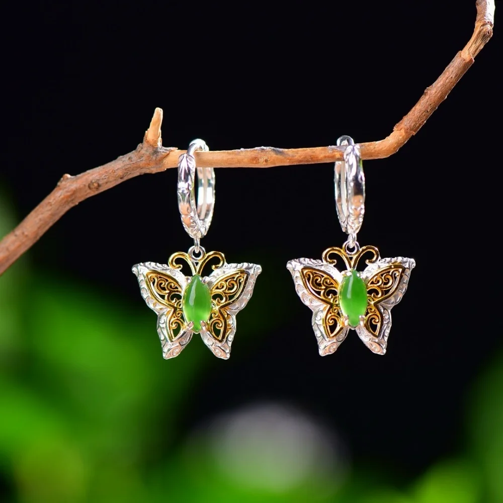 

S925 Natural Green Hetian Jade Butterfly Earrings Healing Stone DIY Accessories Holiday Birthday Holiday Gift 1SET