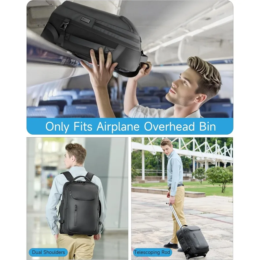 حقيبة ظهر كبيرة متدحرجة للنساء والرجال 50 لتر حقيبة ظهر للعمل مع عجلات حقيبة ظهر للكمبيوتر المحمول للأعمال مع منفذ USB قفل TSA حمل f