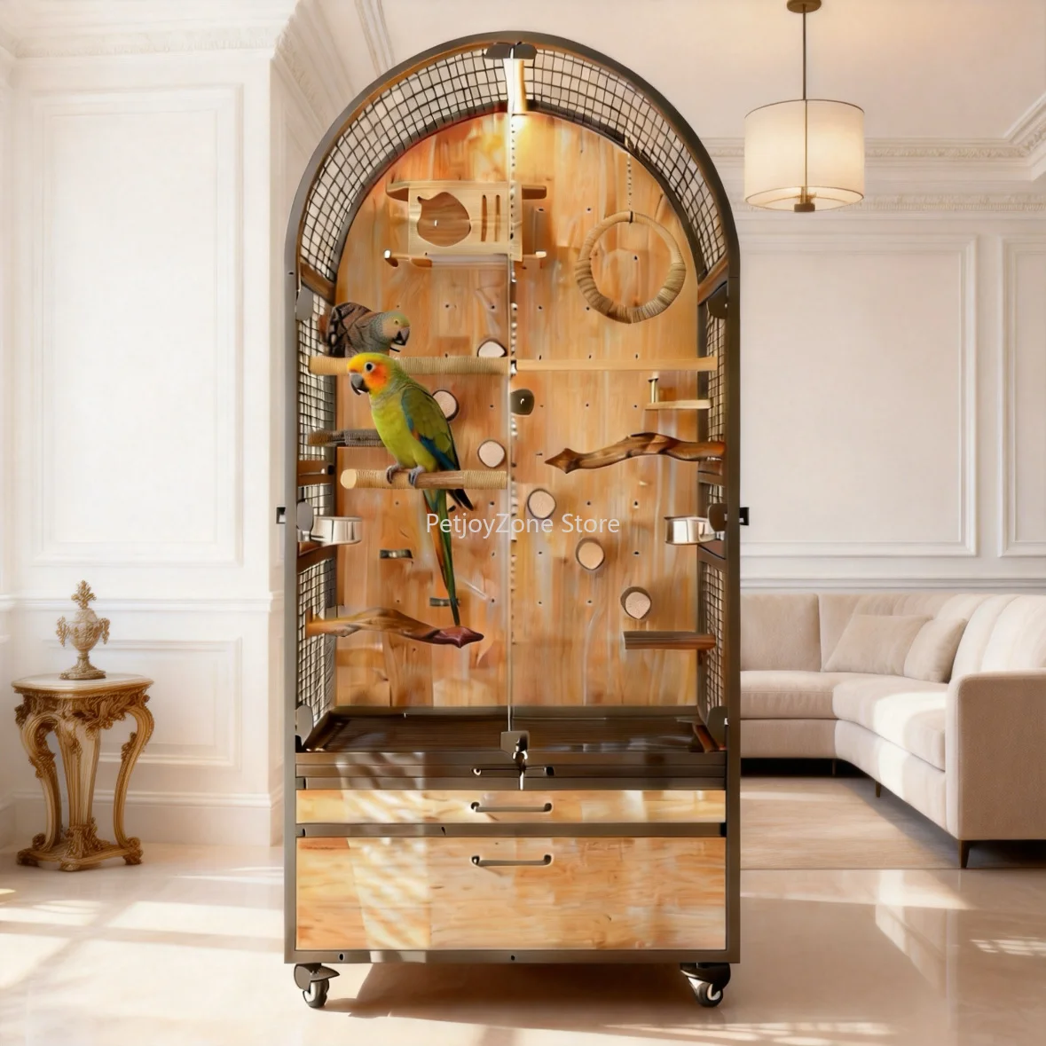

Luxury Large Parrot Cage House Villa-Style Metal Wood Construction Space-Saving Bird Aviary Clear Glass Splash-Proof Easy