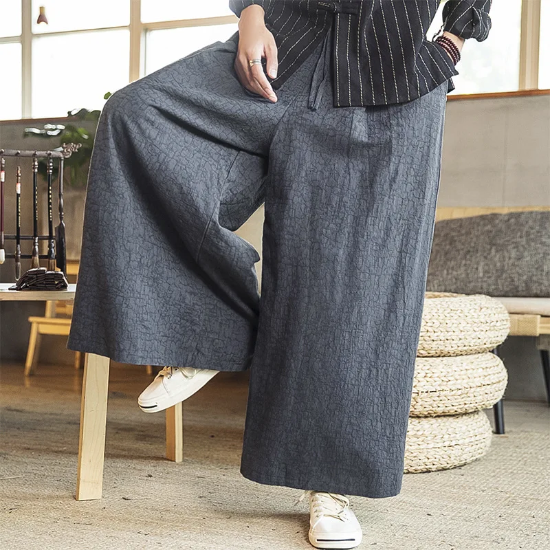 

Japanese Linen Casual Jacquard Wide Leg Pants Men Streetwear Wide-leg Harem Pants Harajuku Straight-leg Jogging Sweatpants