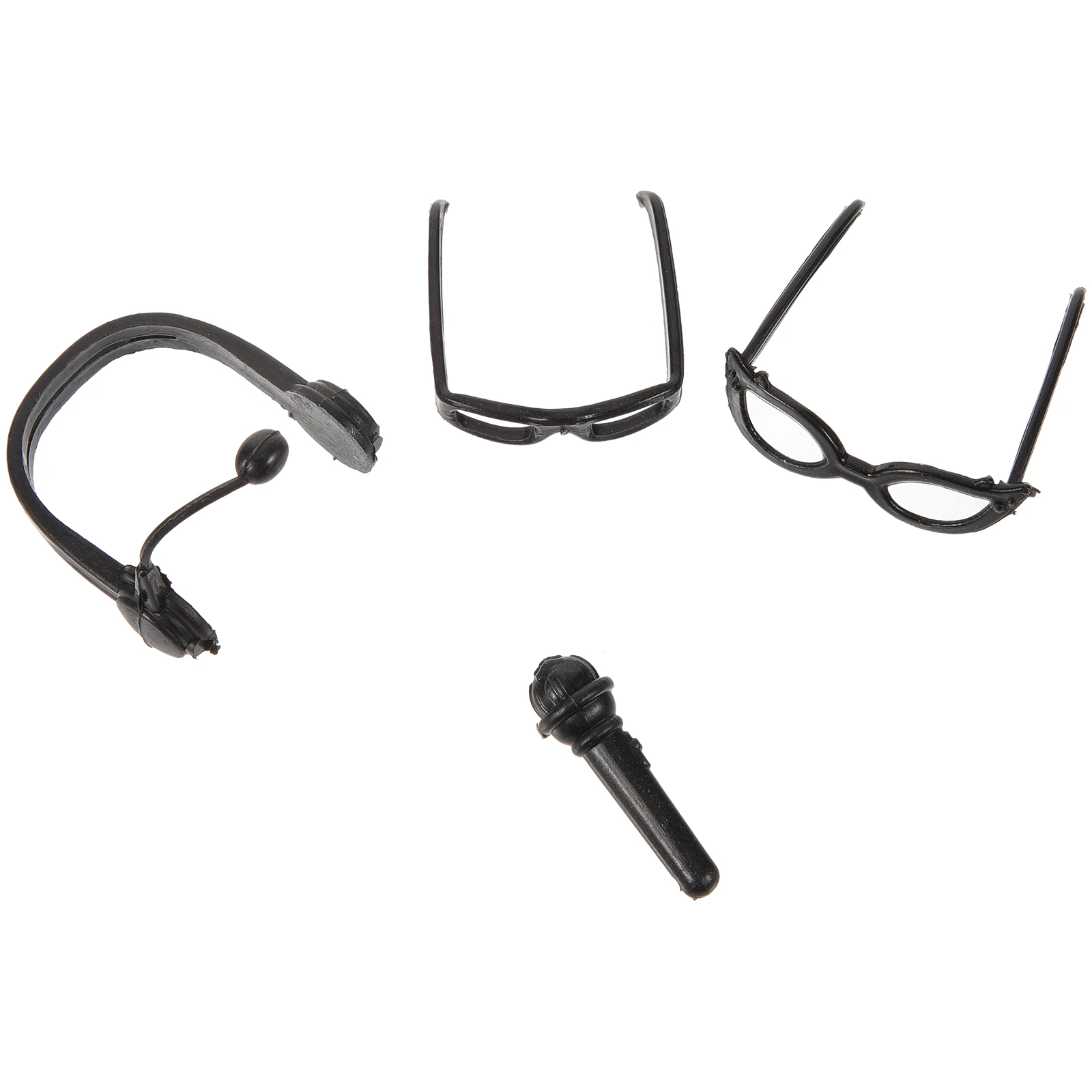 4-delige zwarte muziekset voor miniatuur rockstijl accessoires hoofdtelefoon brillen microfoon plastic decor fantasiespel